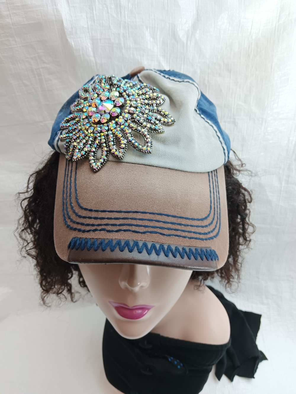 Olive Pique Embellished Two-Tone Brown and Blue Cap with Crystal Flower Accent